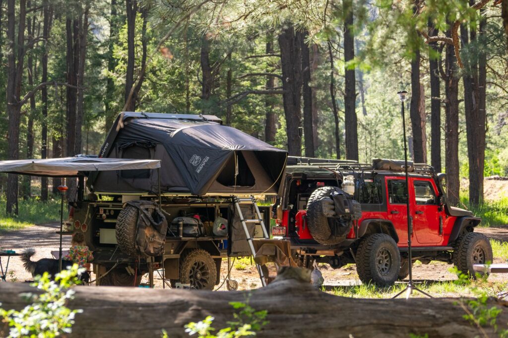 Clifford and the Turtleback camped in a pine forest with awnings out