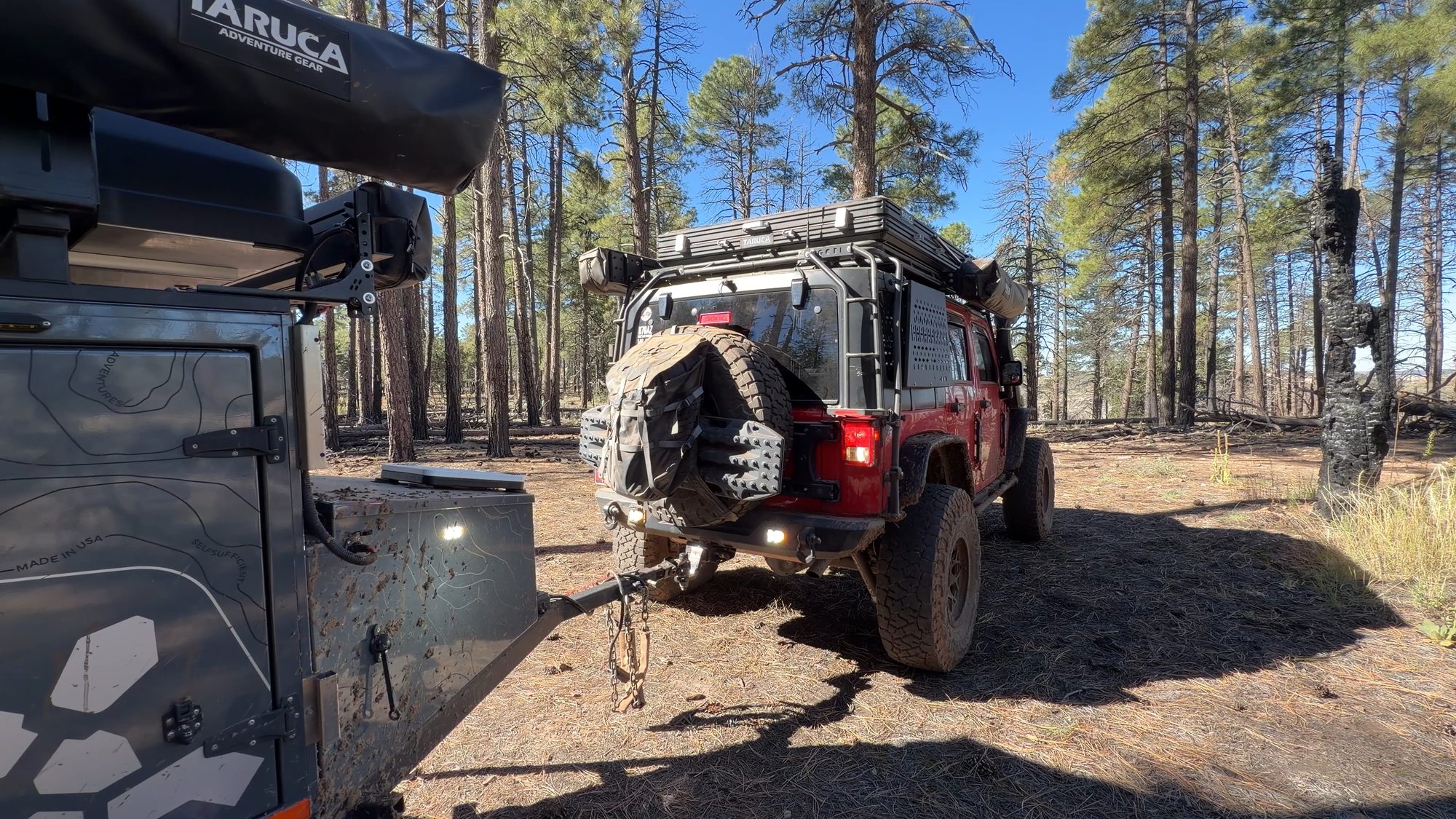 Jeep Wrangler backed up to an overland trailer, hitching up in the pines
