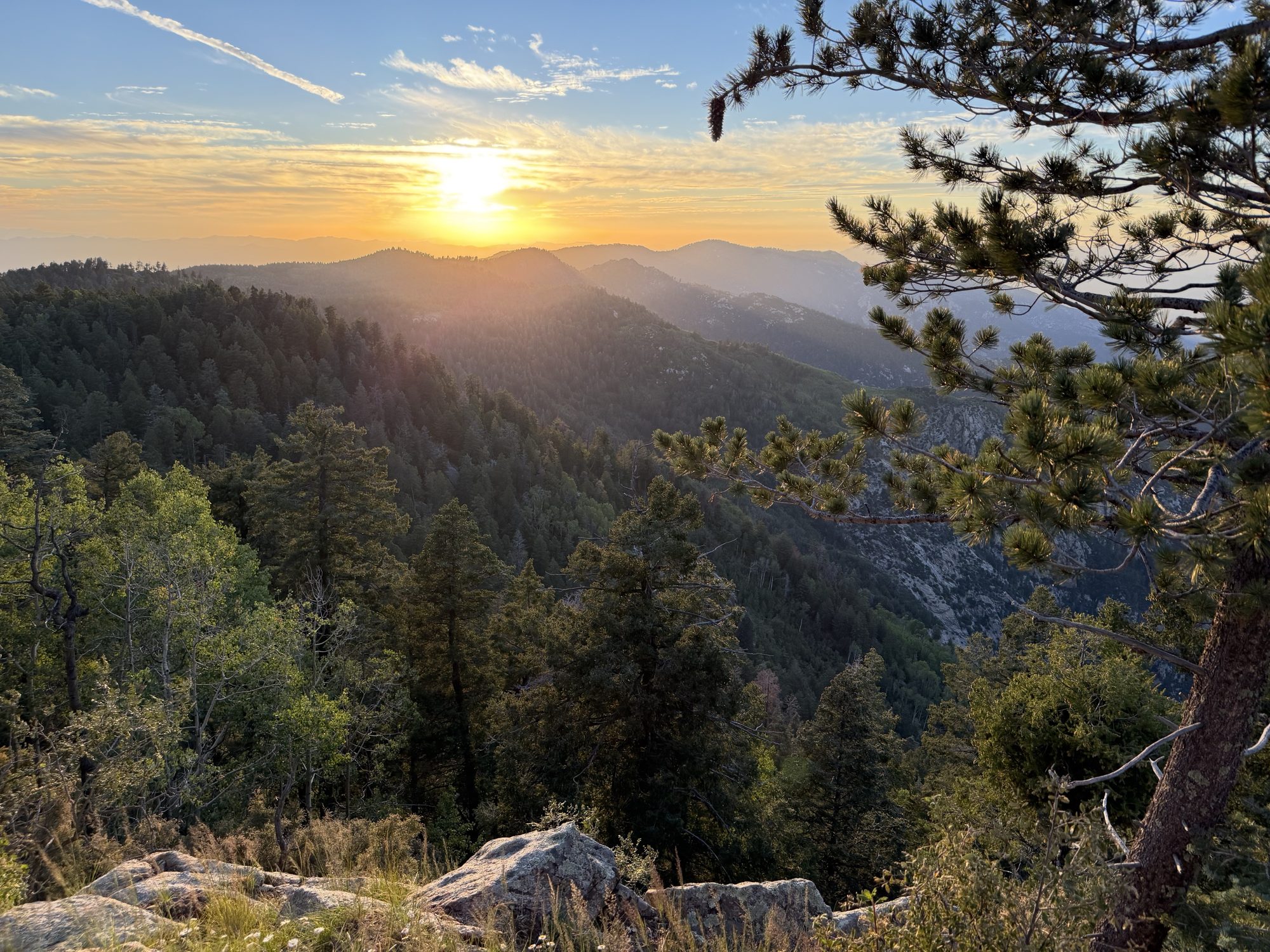 Sunset over forested ridges of the Pinaleño Mountains from a rocky ridgeline on Mt. Graham