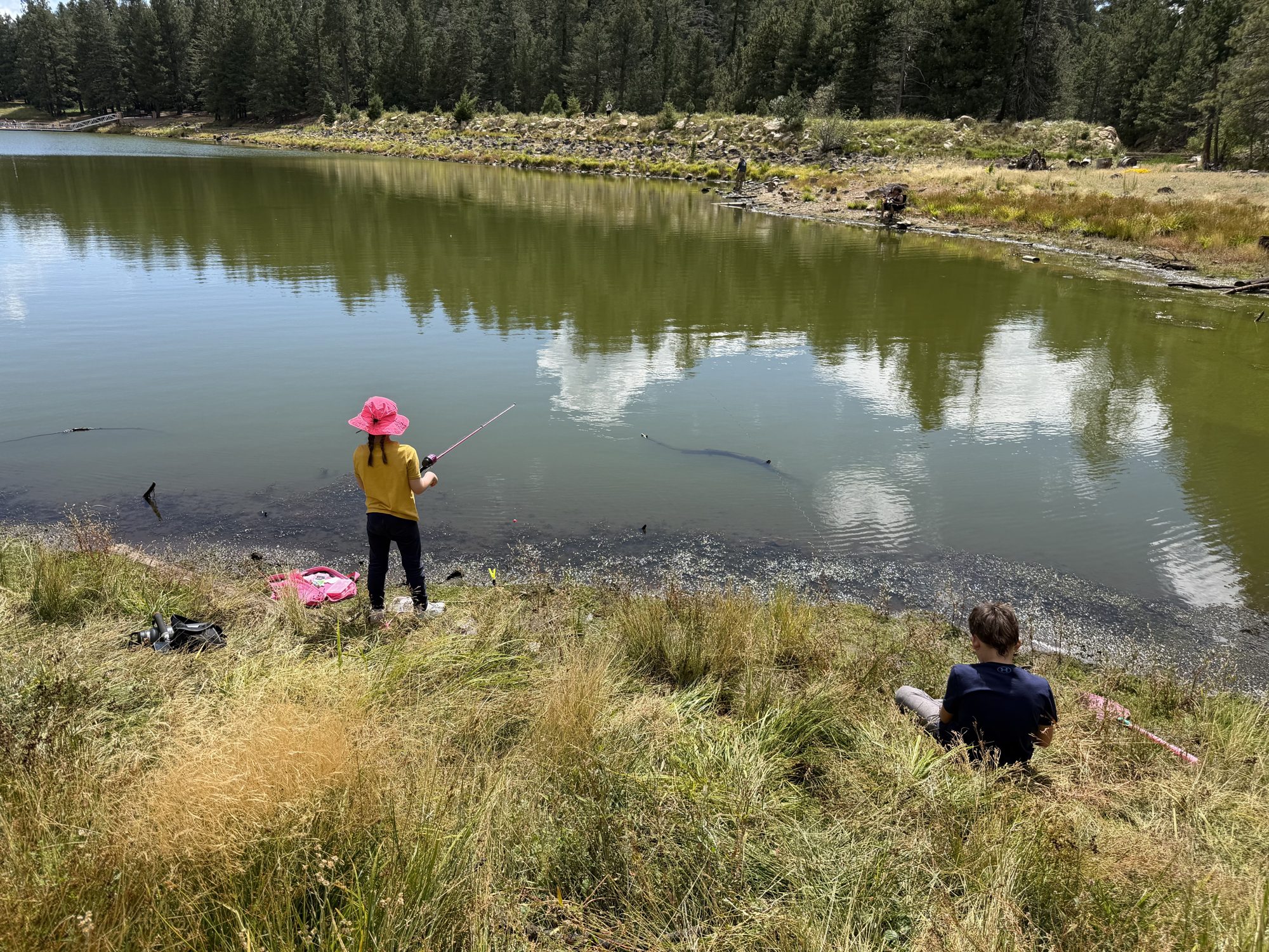 Kids fishing from the grassy shore of Riggs Flat Lake surrounded by pine forest