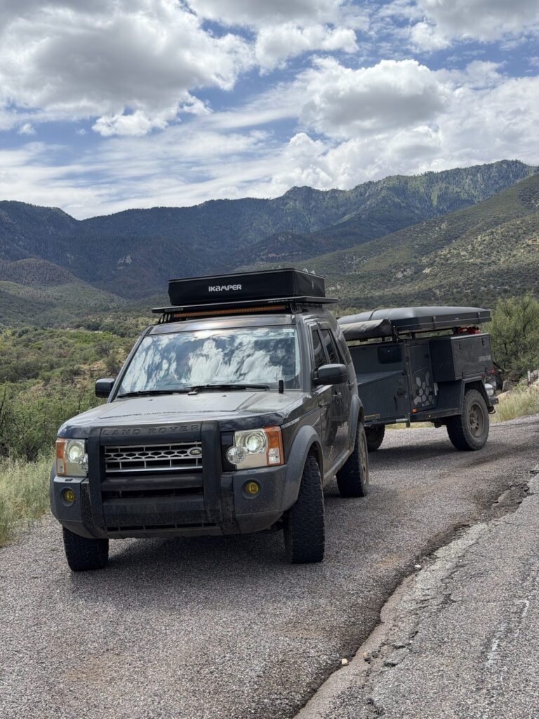 Land Rover LR3 towing a Turtleback trailer on the Swift Trail, Mt. Graham